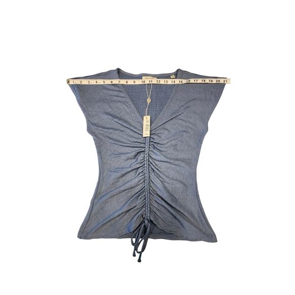 Max Studio Women's Ruched V-Neck Cap Sleeve Top Blue Textured Knit XS NWT - Picture 3 of 7